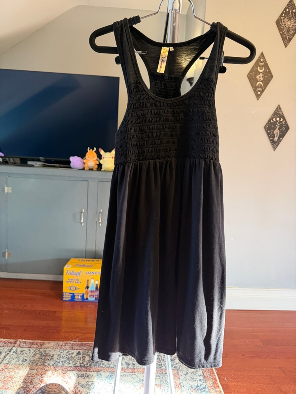 feathers Black Sleeveless Smocked Bodice Casual Dress